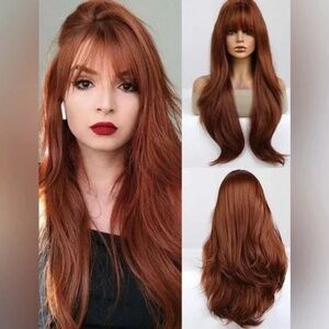 26 Inch Wavy Reddish long hair with bangs Natural looking wig